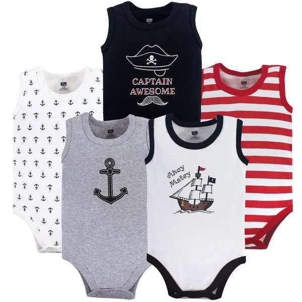 slide 1 of 1, Hudson Baby Infant Boy Cotton Sleeveless Bodysuits 5pk, Pirate Ship 0-3 Months - Pirate Ship