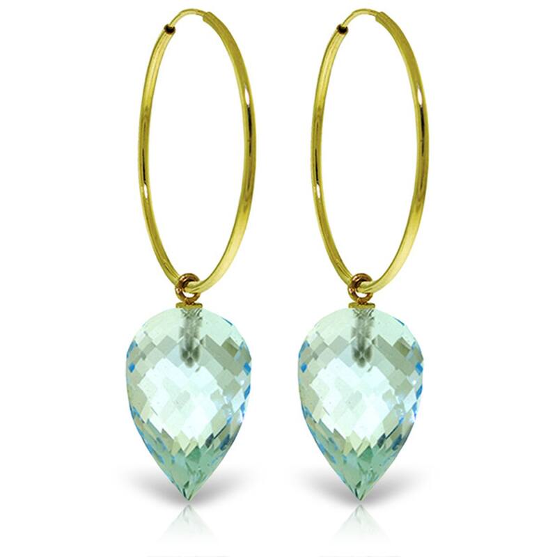 14K Solid Gold Hoop Earrings w/ Pointy Briolette Drop Blue Topaz - Yellow