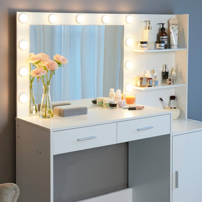 Makeup Vanity with Mirror and Lights, 46.4" Dressing Table with Storage Drawers, Shelves & 3 Light Modes