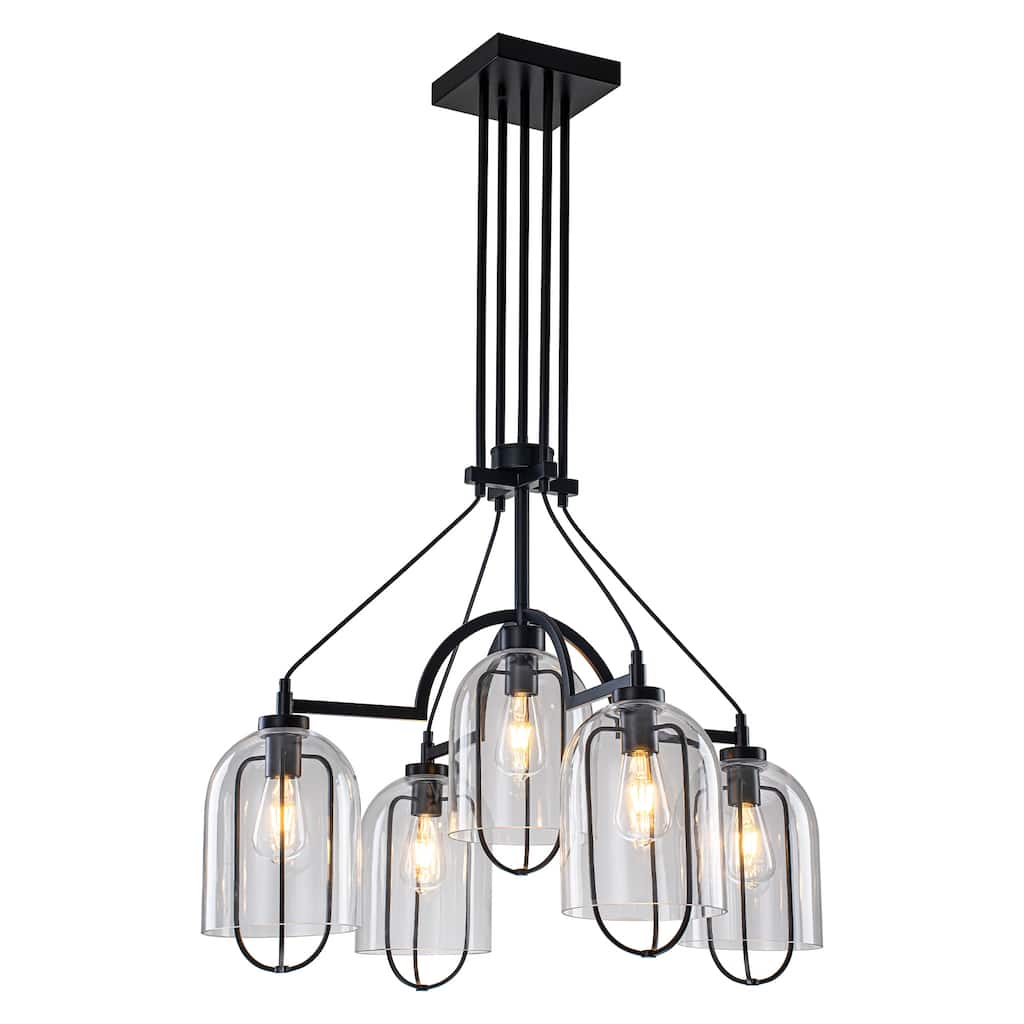 Black Industrial 5-Light Chandelier Clear Glass Bell Shades Rustic - Dia.31.5-in