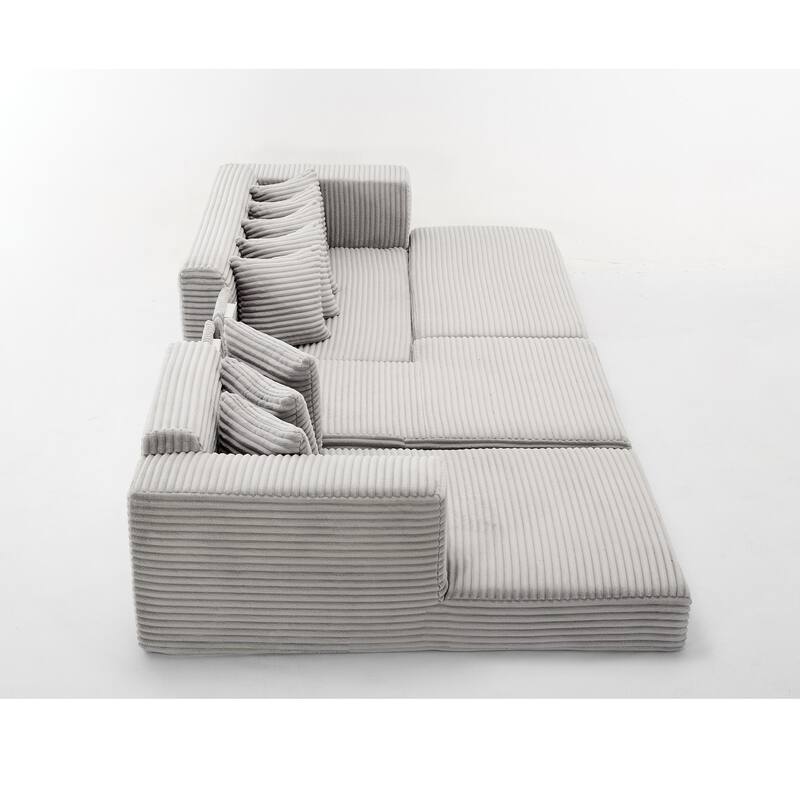 Floor Sleeper Sofa Bed Convertible L-shaped Modular Sectional Couch with Chaise, Corduroy Compression Sofa with Side Pockets