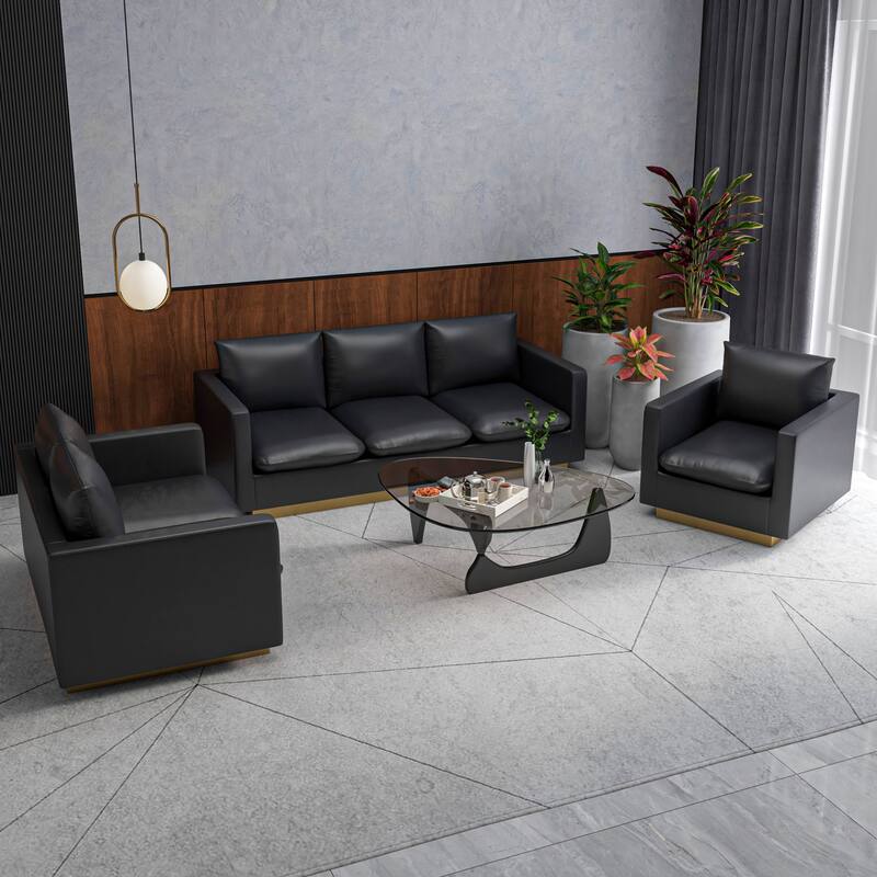 3-Piece Executive Leather Sofa Set with Brushed Gold Stainless Steel Base