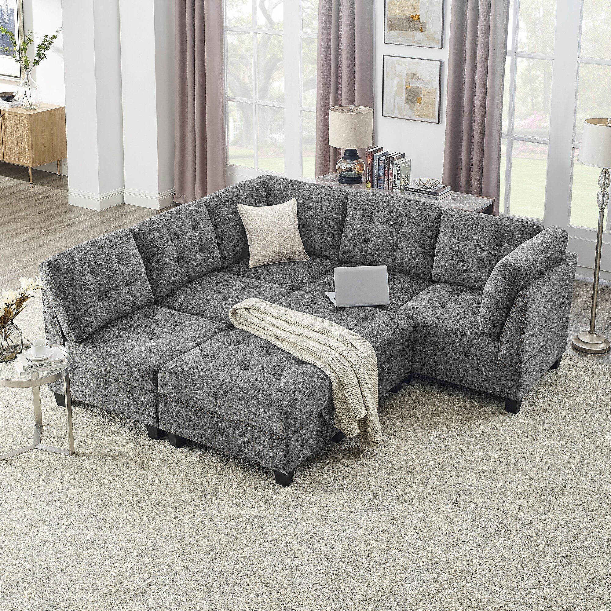 L-shape Sectional Sofa, Deep Seat Grey Fabric Couch w