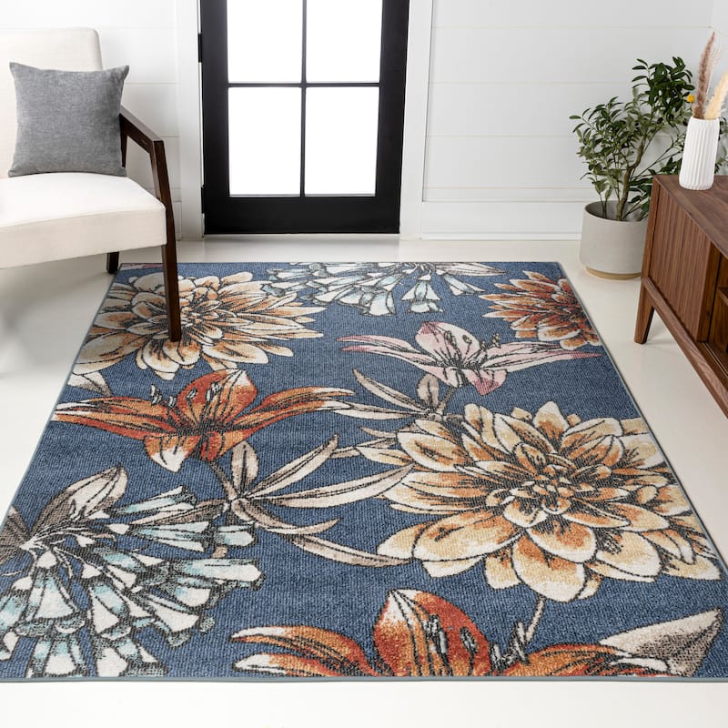 JONATHAN Y Dizi Modern Botanical Flower Area Rug - 2 X 8 - Blue/Orange/Cream