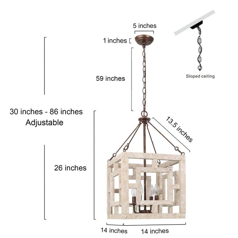 Duull Farmhouse 4-Light Wood Rustic Square Chandelier for Kitchen Island - 14" L x 14" W x 26" H