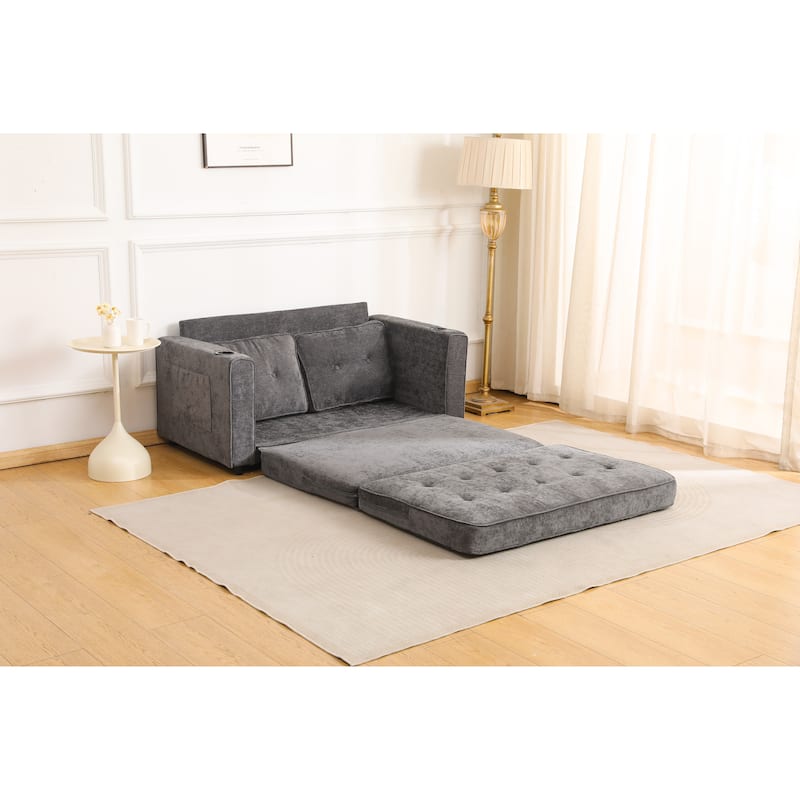 Sofa Bed with Pull-Out Straps, Velvet Sleeper Sofa with Side Storage Bags, Convertible Lounge Chaise Loveseat Daybed