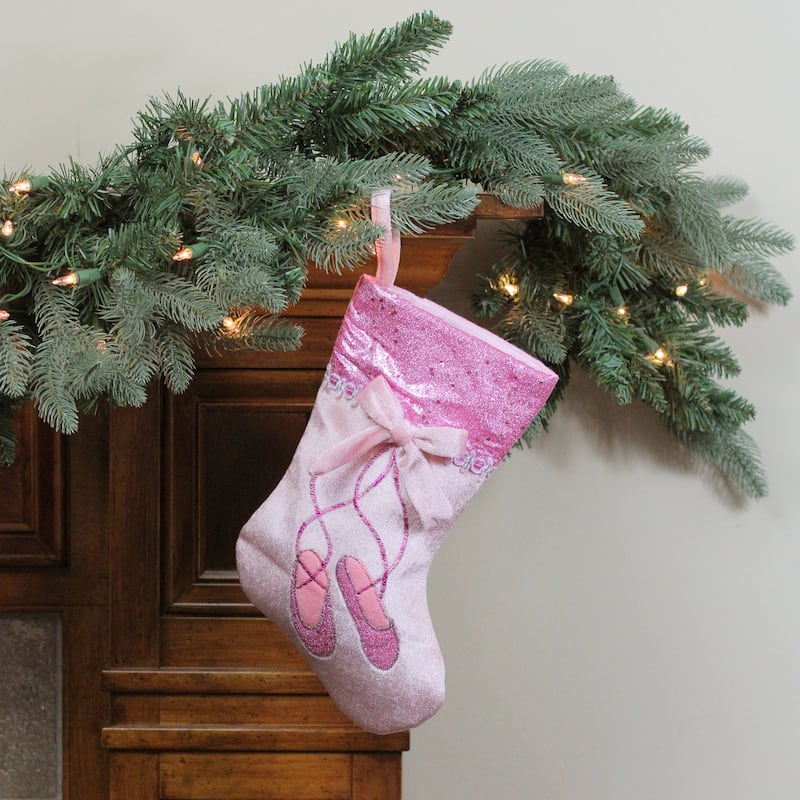14" Pink and Silver Ballerina Shoes Christmas Stocking with Glitter Cuff and Bow