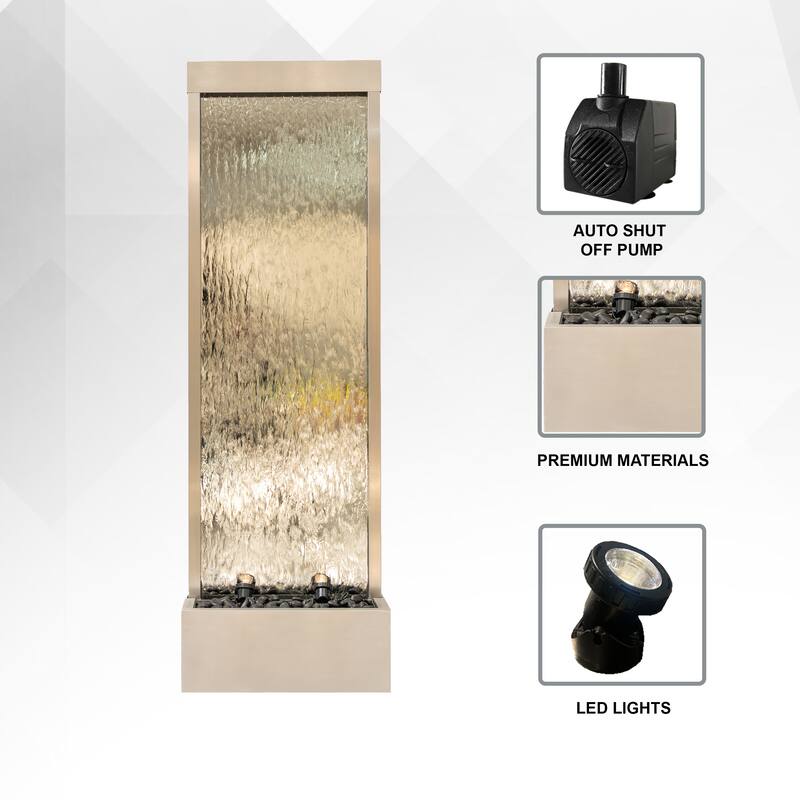 XBrand 68 in H Freestanding Waterfall Fountain, LED Lights & Auto-Shut Off Pump, Stainless Steel/Mirror Glass,Silver Frame