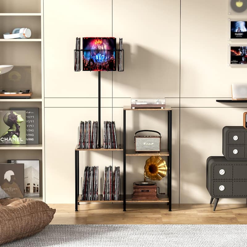 Anmytek Record Player Stand & Table - 6-Tier Rotating Vinyl Storage, Holds 300 Albums, Display Shelf for Bedroom & Living Room