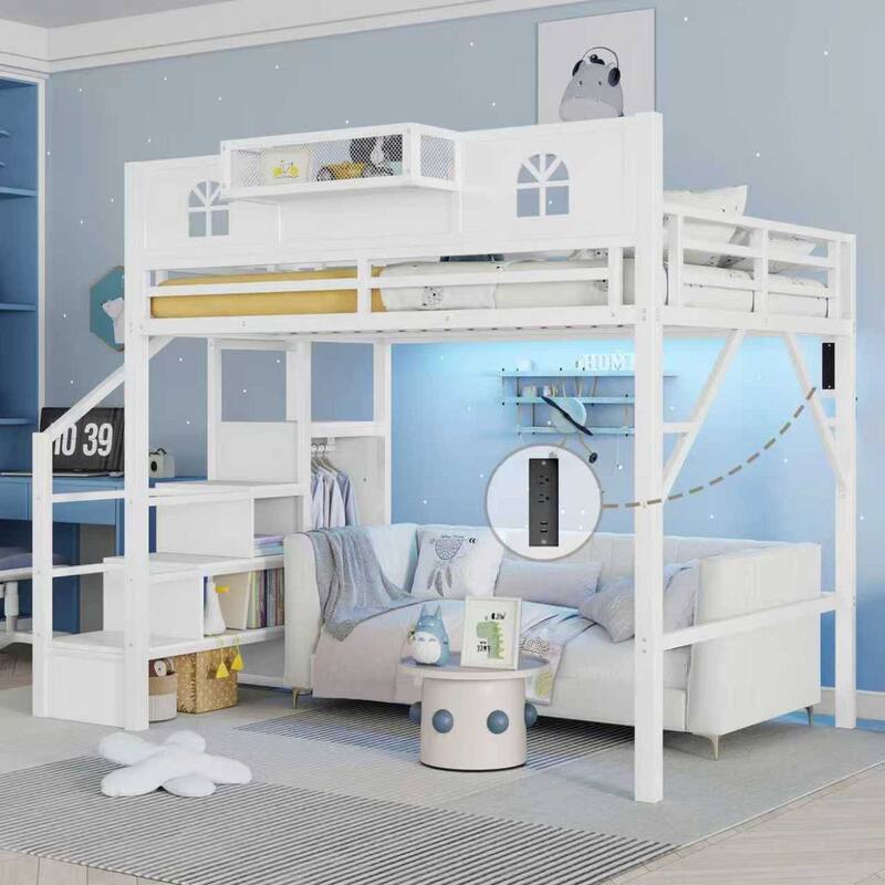 Roomfitters Full/Queen Metal Loft Platform Bed, Staircase Wardrobe and LED Charging Station with House Guardrails for Bedrooms