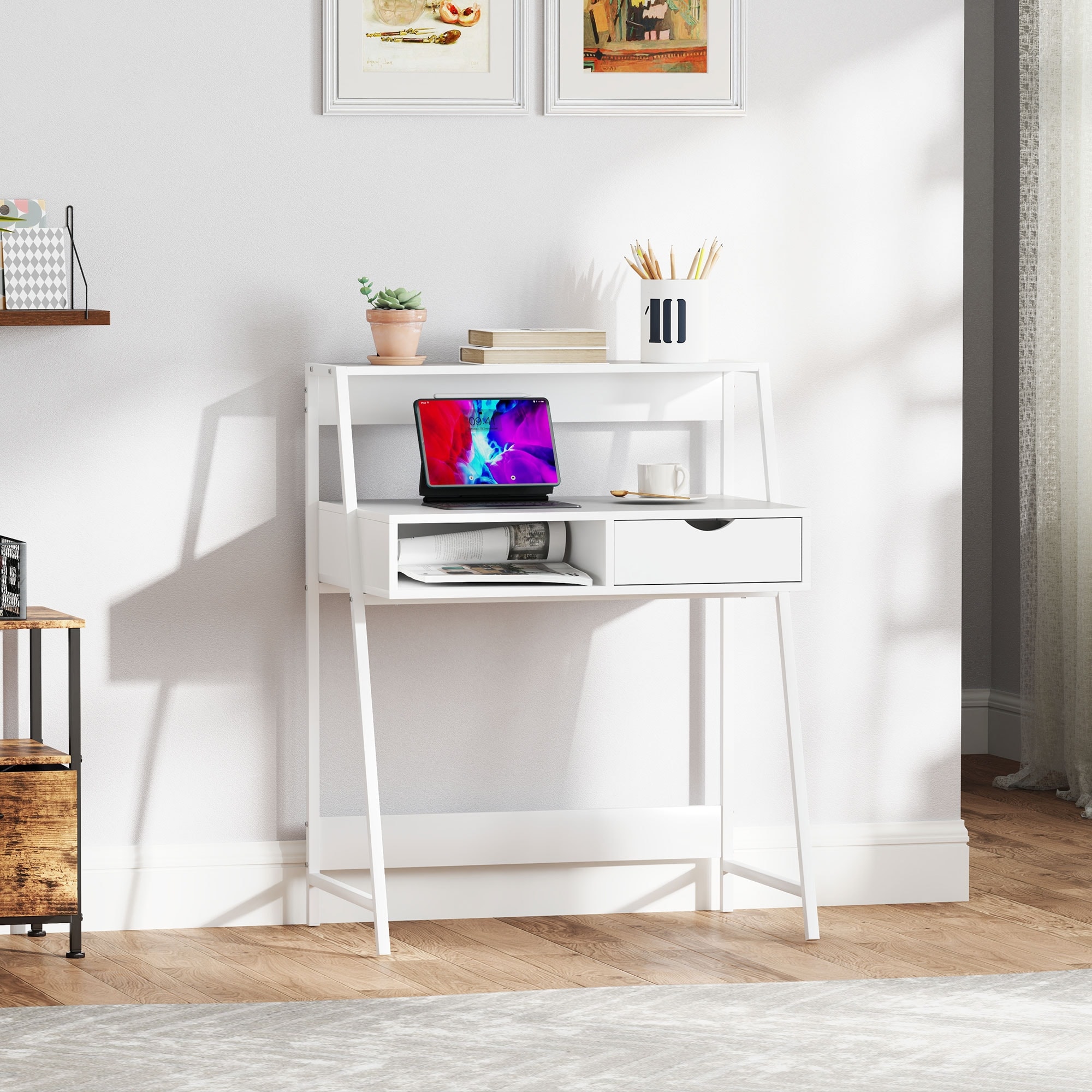 HOMCOM Computer Desk for Small Spaces, School Student Desk Study Writing Desk, Small Corner Desk with Drawer and Storage Shelves