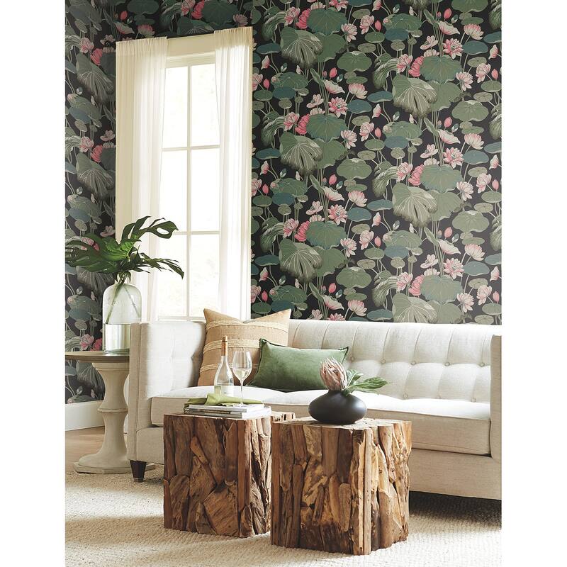 York Wallcoverings Lotus Pond Black & Pink Wallpaper