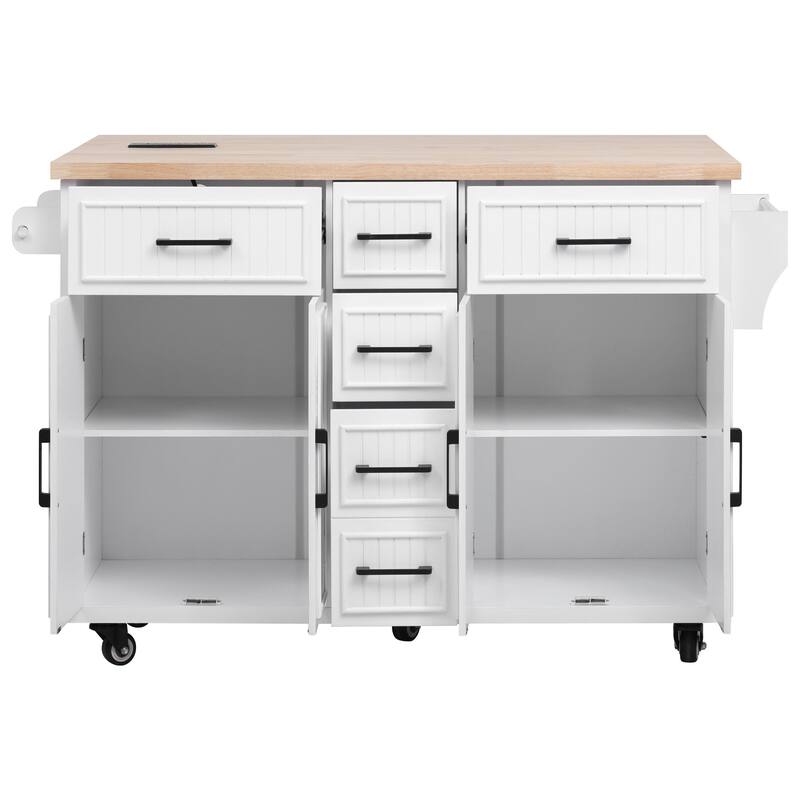56.5'' Rubber Wood Kitchen Island with Drop Leaf, Power Outlet, Rolling Wheels, 5 Deep Drawers and Adjustable Shelves