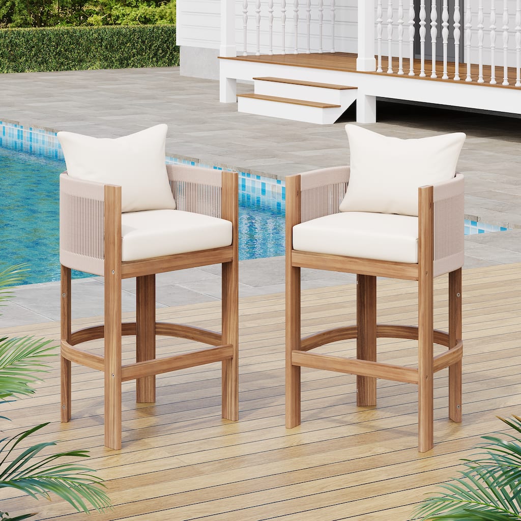 Roomfitters Matera Outdoor Acacia Wood Barstools with Rope Back, Teak Finish and Beige Set of 2