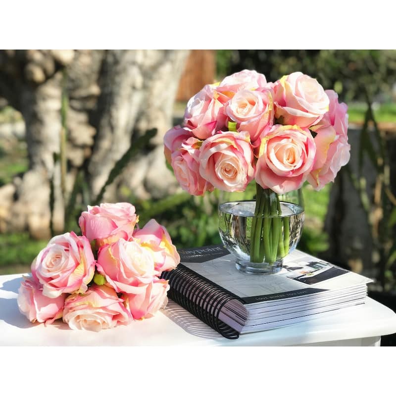 Enova Home Pink Artificial Silk Open Roses Fake Flowers Arrangement in Clear Glass Vase with Faux Water for Home Decoration
