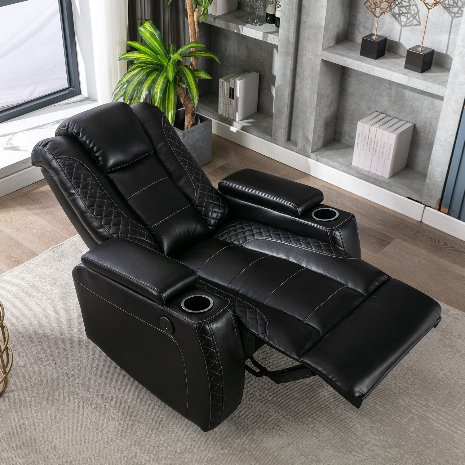 Oversized Faux Leather Home Theater Seating with Cup Holder On