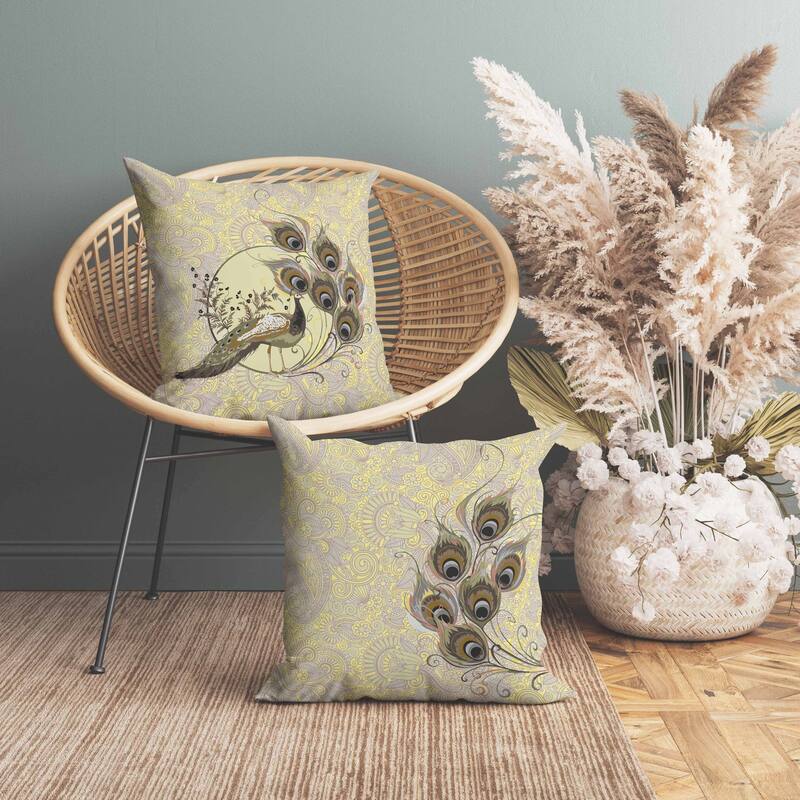 Paisley Peacock Dreams Faux Suede Reversible Throw Pillow Yellow and Cream