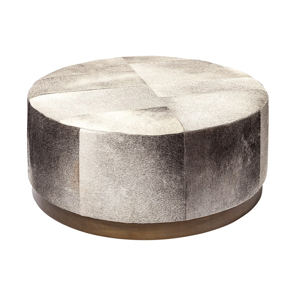 Zahavi Gray Hair-On-Hide w/ Gold Metal Base 36" Round Ottoman