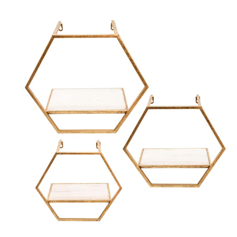Set of 3 Gold and Ivory Wooden Hexagon Wall Shelves 16"