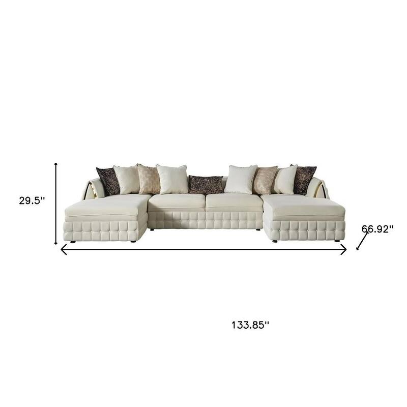 HomeRoots Cream Velvet U Shaped Sofa and Chaise Sectional With Toss Pillows