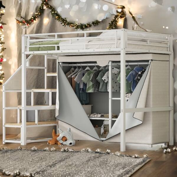 slide 2 of 18, 70"High Full Size Metal Loft Bed with Large Wardrobe and Storage Staircase,White Full