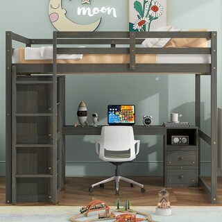 Wooden Full Size Loft Bed with Built-in Wardrobe and Desk,Spacious Cabin Style