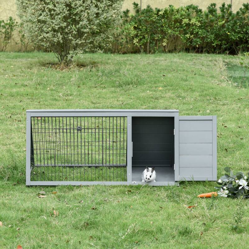 Grey Wooden Pet House with Indoor Sleeping Area & Outdoor Run, Triangular Weatherproof Design - 45.75" L x 24.5" W x 20.75" H