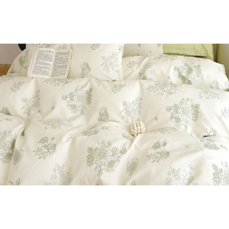Janet Light Green100% Cotton Floral Reversible Duvet Cover Set Queen/Full