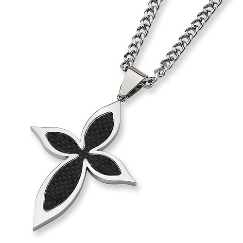 Chisel Black Carbon Fiber Polished Stainless Steel Cross Necklace on 24 Inch Bead Chain (3 mm) - 24 in