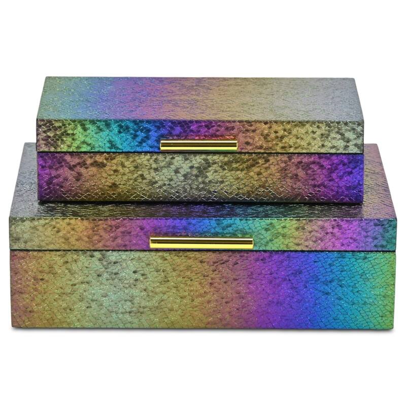 Nimue Set of 2 Rectangular Decorative Storage Boxes - Prismatic Fish Scale Pattern with Gold Hardware