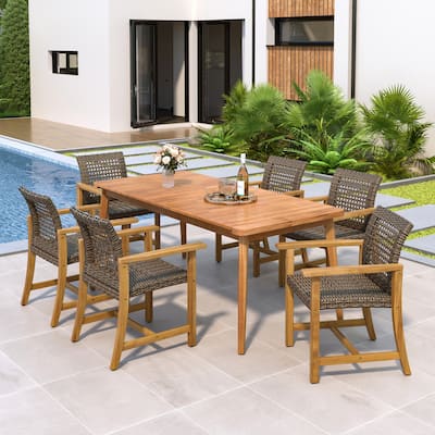 Christopher Knight Home - Oberon Outdoor Acacia & PE Rattan 7 Piece Dining Set with Woven Chairs and Slatted Table