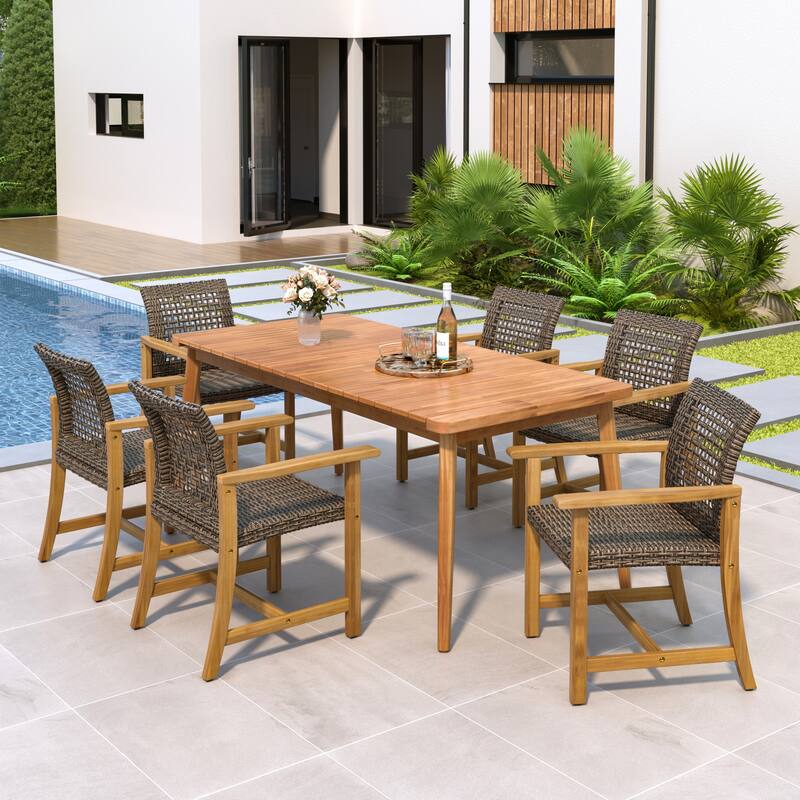 Roomfitters 7-Piece Outdoor Dining Set, Acacia Wood Patio Table and 6 Wicker Armchairs for Garden Backyard - Mocha,Teak