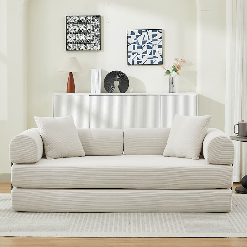 Folding Upholstered Sofa Bed, 78.5" Convertible Sleeper Sofa Bed with 2 Pillows, Fold Out Loveseat Couch, Futon Couch - Beige