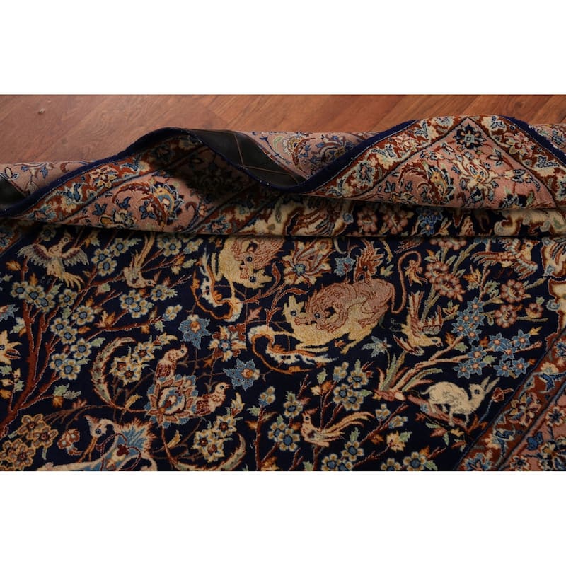 Vegetable Dye Blue Animals Isfahan Persian Vintage Wool Carpet - 3'4" x 5'3"