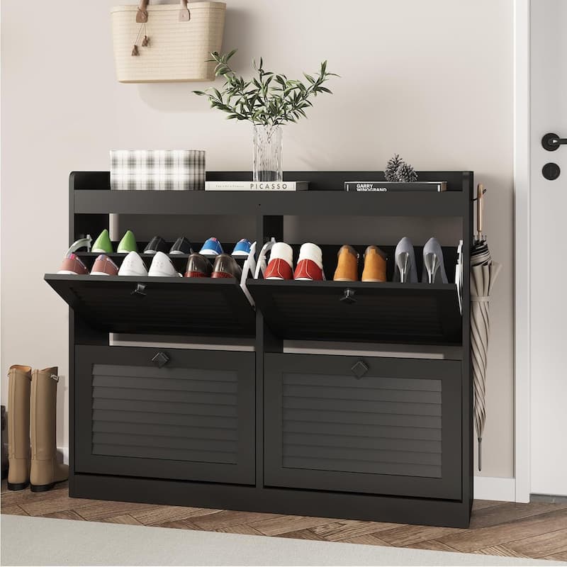 Freestanding Hidden Shoe Rack, Shoe Storage Cabinet with 4 Flip Drawers - Black