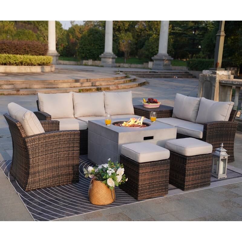 7-piece Patio Wicker Coversation Cushioned Set with Holve Fire Pit
