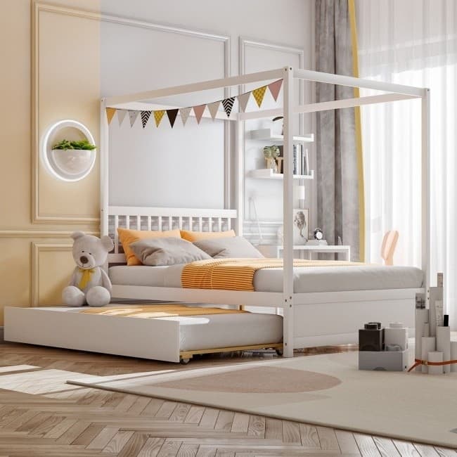 Full Size Canopy Platform Bed with Twin Roller Trundle Bed