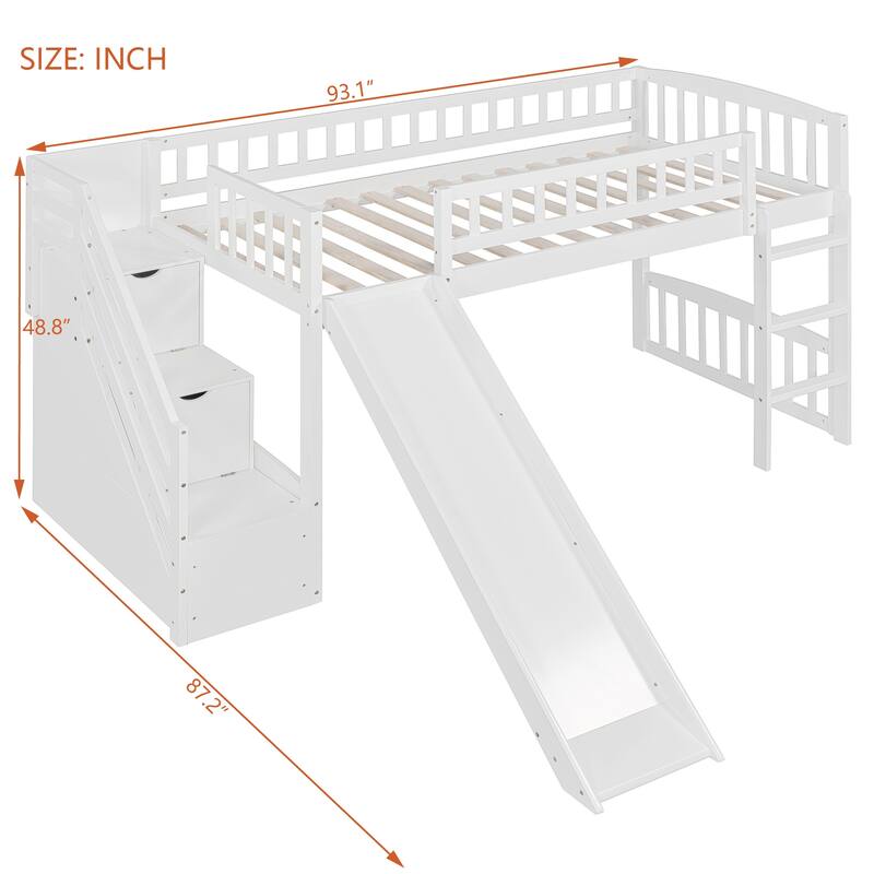 Twin Size Loft Bed with Slide, Storage Staircase and Safety Guardrails