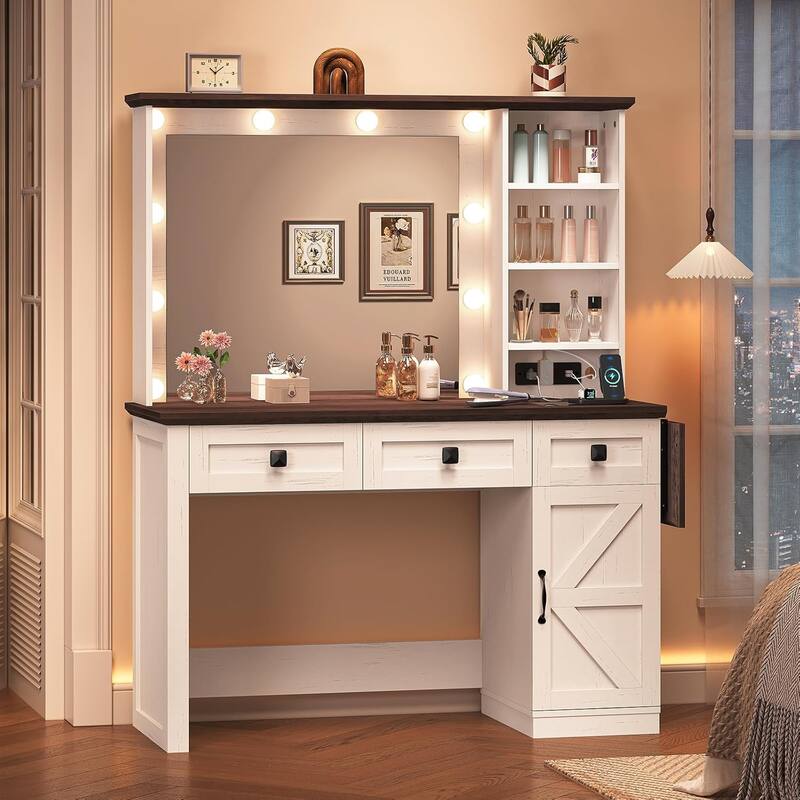 Makeup Vanity Desk with Large Hollywood Mirrors and Lights Bulb