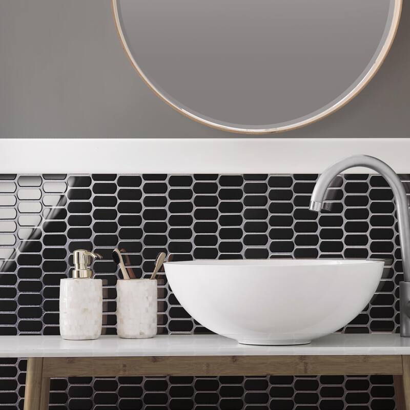 Merola Tile Hudson Capsule Glossy Black 12-1/4" x 13-1/8" Porcelain Mosaic Floor and Wall Tile - Case (10 Tiles)