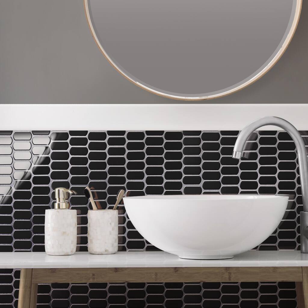 Merola Tile Hudson Capsule Glossy Black 12-1/4" x 13-1/8" Porcelain Mosaic Floor and Wall Tile