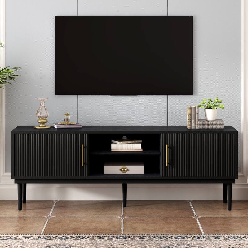 74.9" TV Stand with Vertical Striped Sliding Doors for Stylish Storage - Black