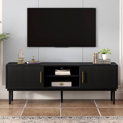 Modern Vertical Stripe TV Stand with 2 Storage Cabinets, 4 Wooden Legs and Sliding Door for Living Room Bedroom