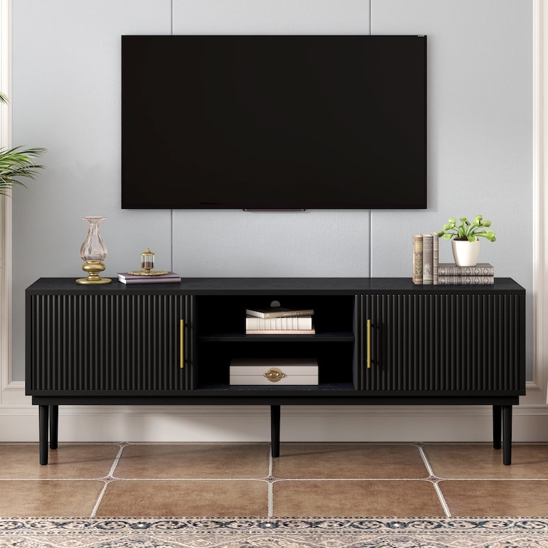 TV Stand Media Console with Fluted Door Cabinets, Solid Wood Legs