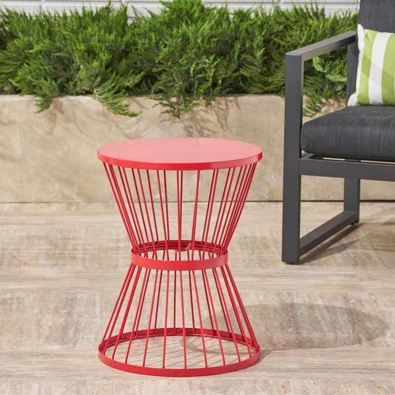 Roomfitters Lassen Outdoor Side Table, 16" Round Accent Table with Hourglass Wire Frame - Red