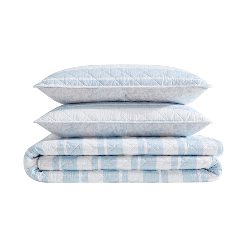 Nautica Seafront Stripe Blue Cotton Reversible Quilt Set
