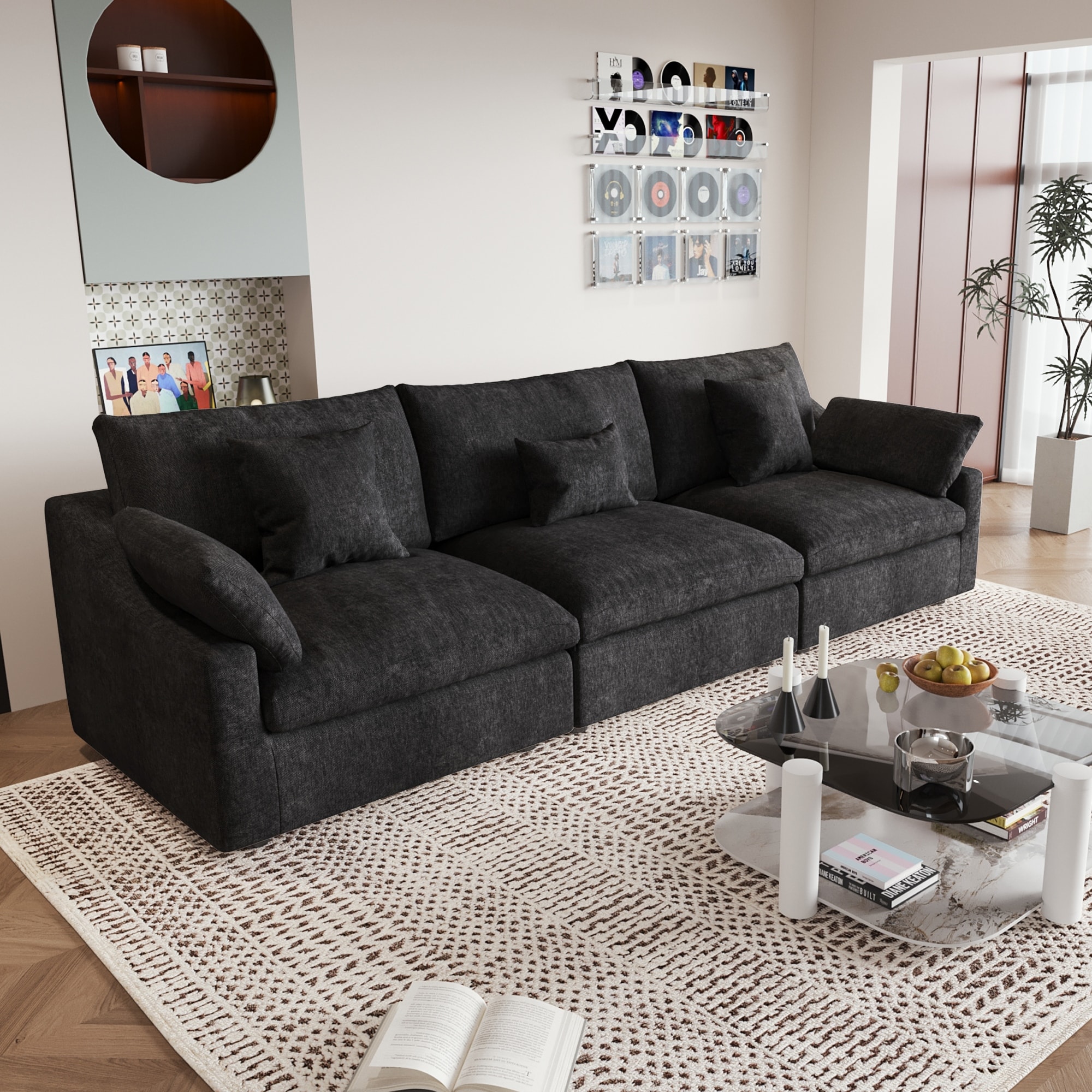 119.29" Oversized 3 Seater Sofa with Pillows, Linen Blend Fabric Minimalist Deep Seat Sofa Couches for Living Room