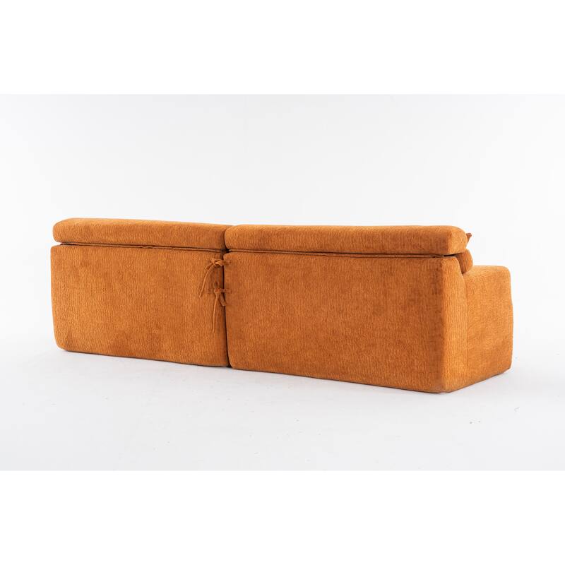 Modern Wood Grain Chenille 4-Seater Modular Sectional Sofa with 2 Pillows for Living Room Apartment