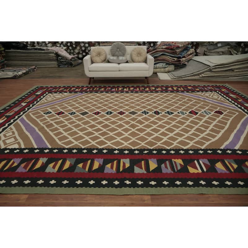 Hand Woven Oriental 100% Wool Carpet Southwestern Tribal Brown Kilim Area Rug - 15' 2'' X 11' 10''