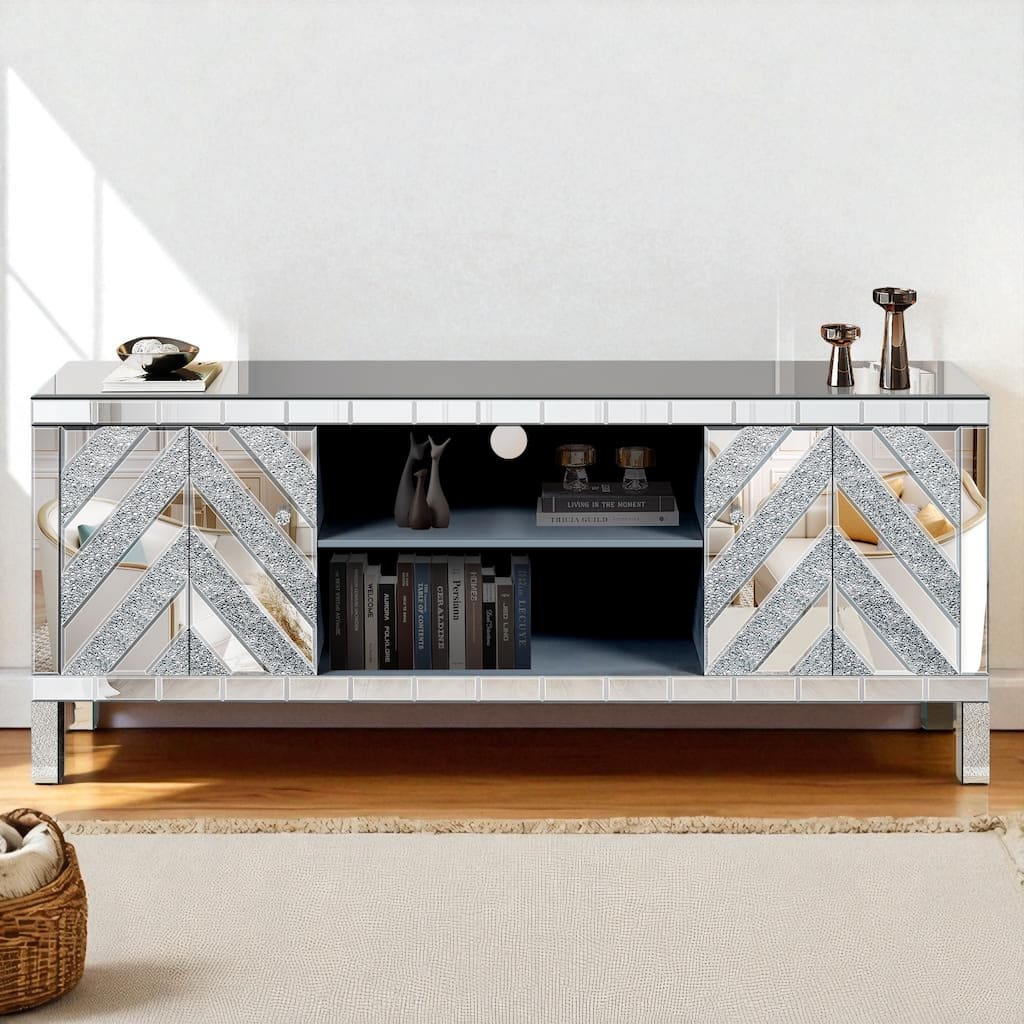 Mirrored TV Stand for 65+ Inch TVs, Silver Console Table with M-Shape Sparkling Mirror Doors & Storage Cabinets